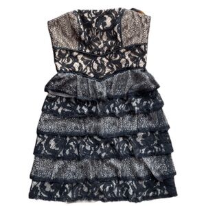 BCBGMAXAZRIA size 0 black lace tiered cocktail dress. Strapless